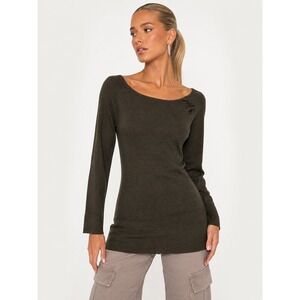 Cache Y2K Olive Green Scoop Neck Long Sleeve Ruched Knit Top S Small